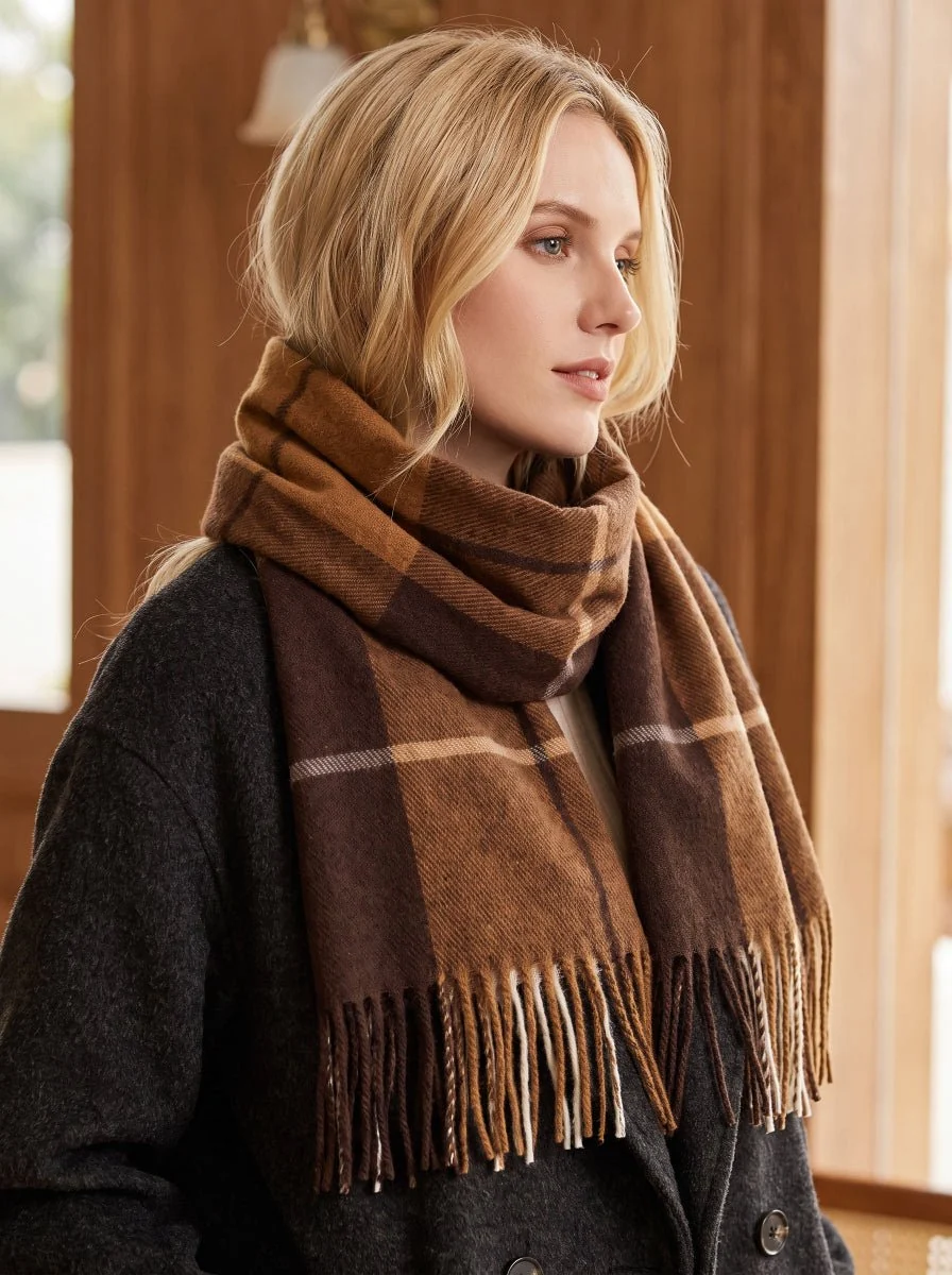 Women Checkered Tassel Scarf