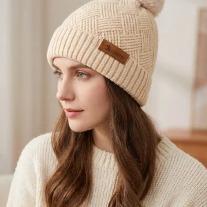 Women Grid Jacquard Pom Knit Beanie Hat