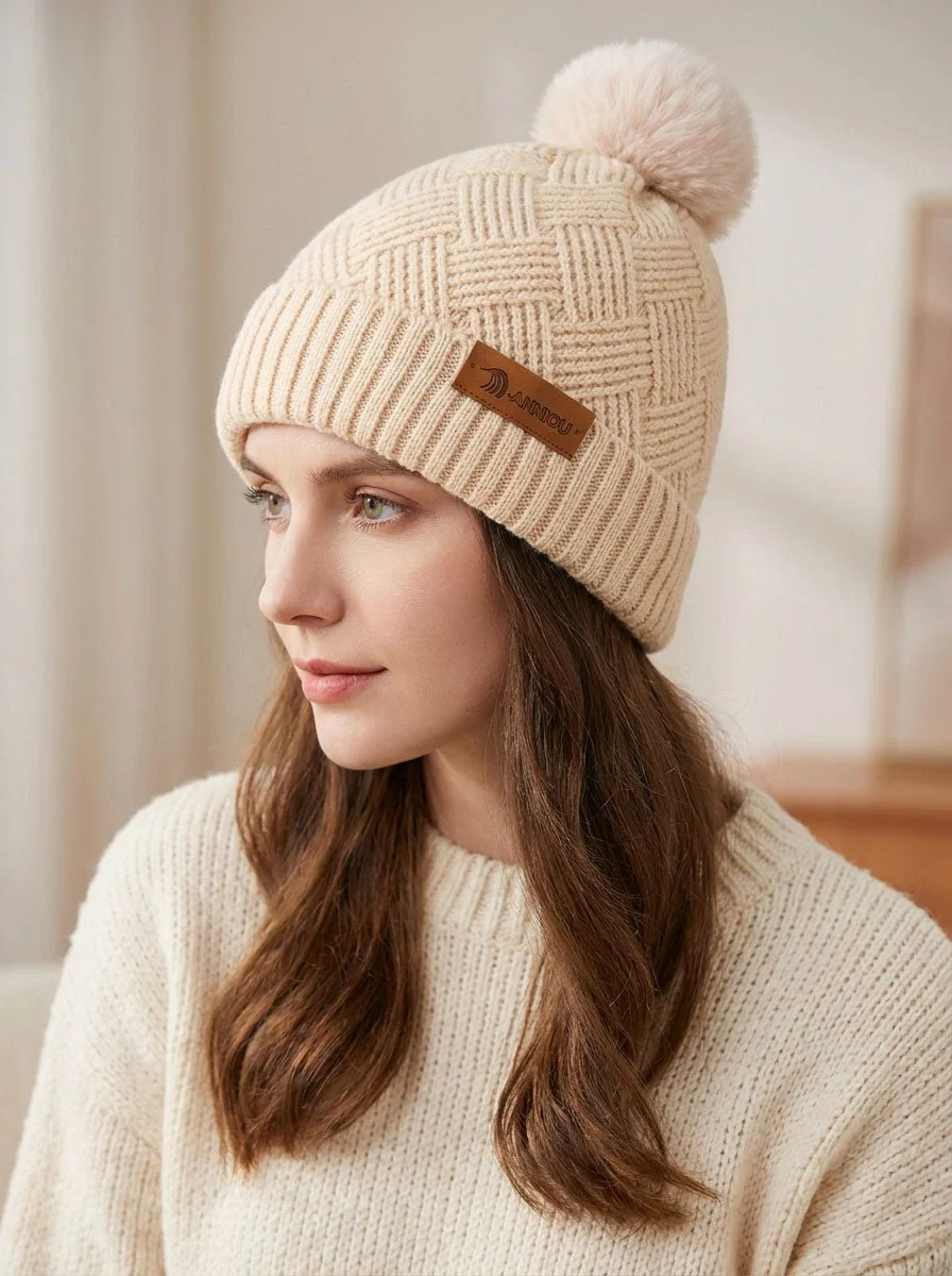 Women Grid Jacquard Pom Knit Beanie Hat - Imagen 2