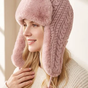 Women Knit Faux Fur Ear Flap Trapper Hat