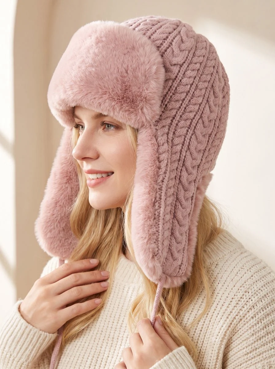 Women Knit Faux Fur Ear Flap Trapper Hat