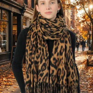 Women Leopard Print Fringe Scarf