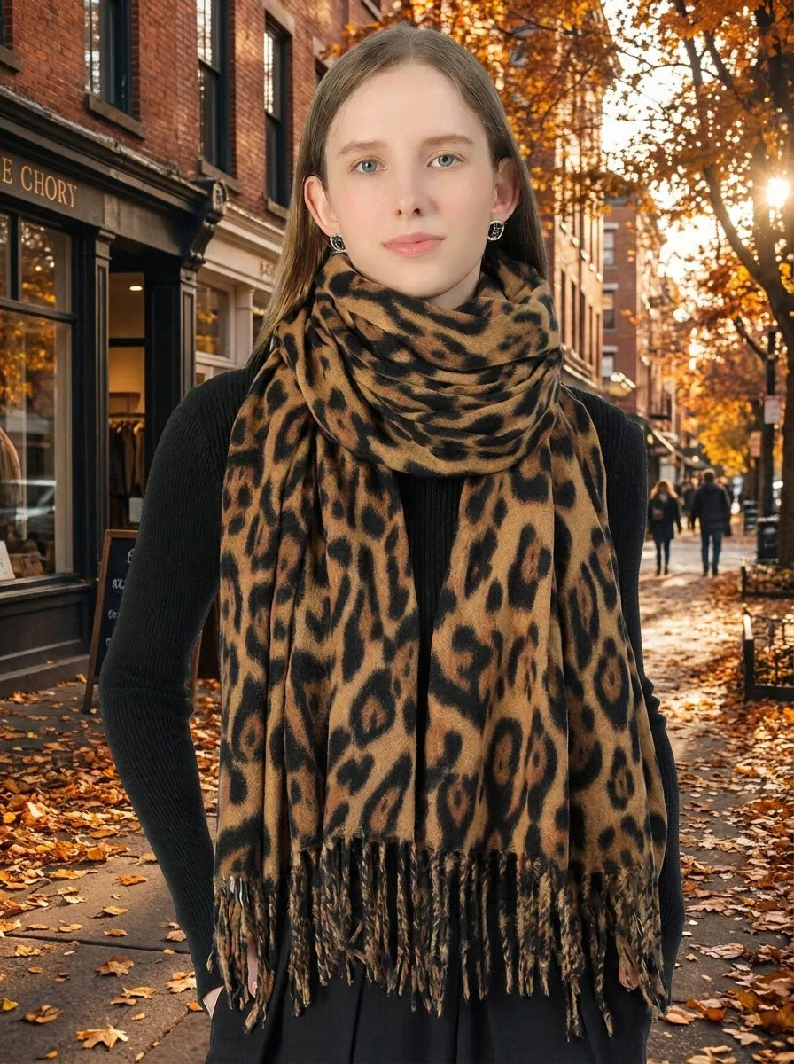 Women Leopard Print Fringe Scarf