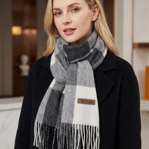 Women Pure Wool Tassel Checkered Scarf