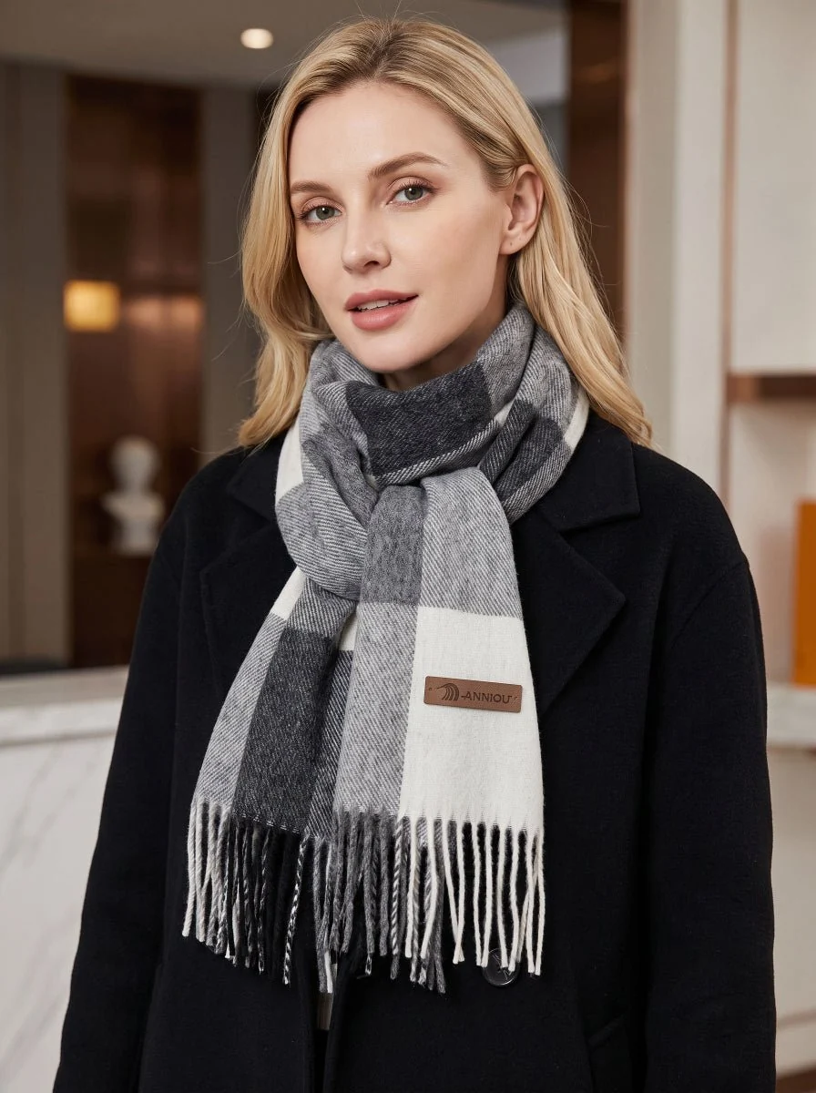 Women Pure Wool Tassel Checkered Scarf - Imagen 2