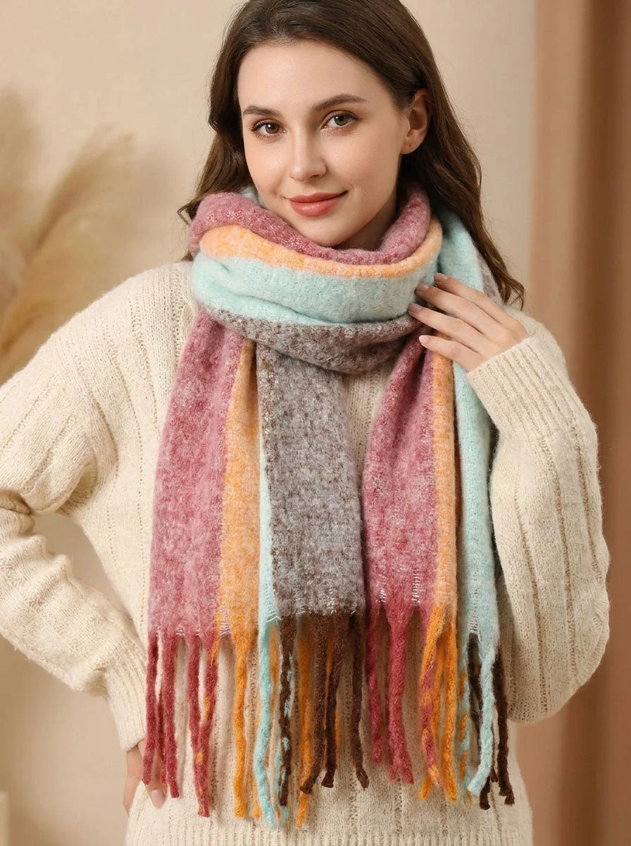 Women Soft Color Block Fringe Scarf