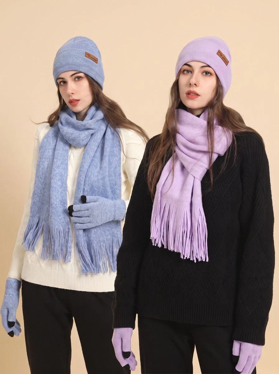 Women Soft Knitted Hat Scarf Glove Set - Imagen 2