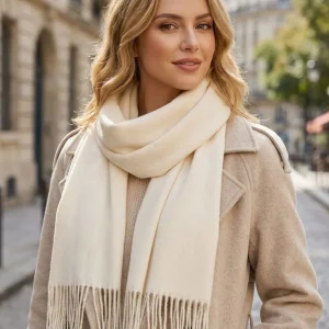 Women Solid Cream Herringbone Woven Scarf