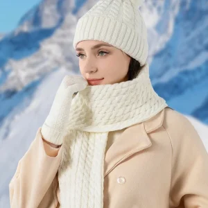 Women Twisted Cable Pattern Knit Hat Scarf Gloves Set