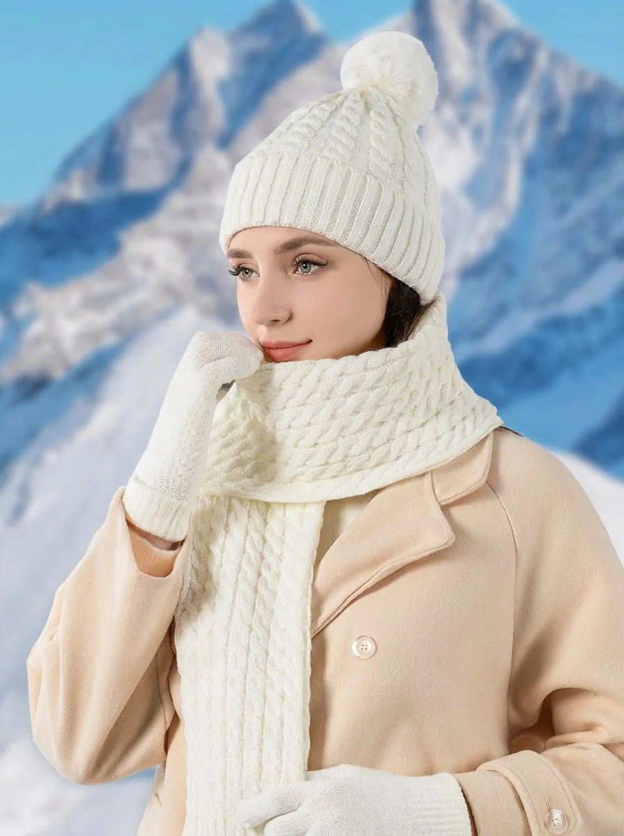 Women Twisted Cable Pattern Knit Hat Scarf Gloves Set