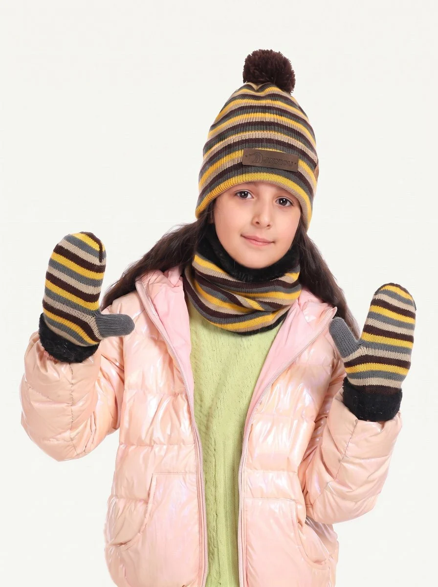 Kids Striped Knit Hat Scarf Mittens Set - Imagen 6