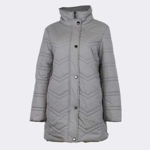 Anorak para mujer gris claro con cremallera y tapeta con botones, decorado con perspunte