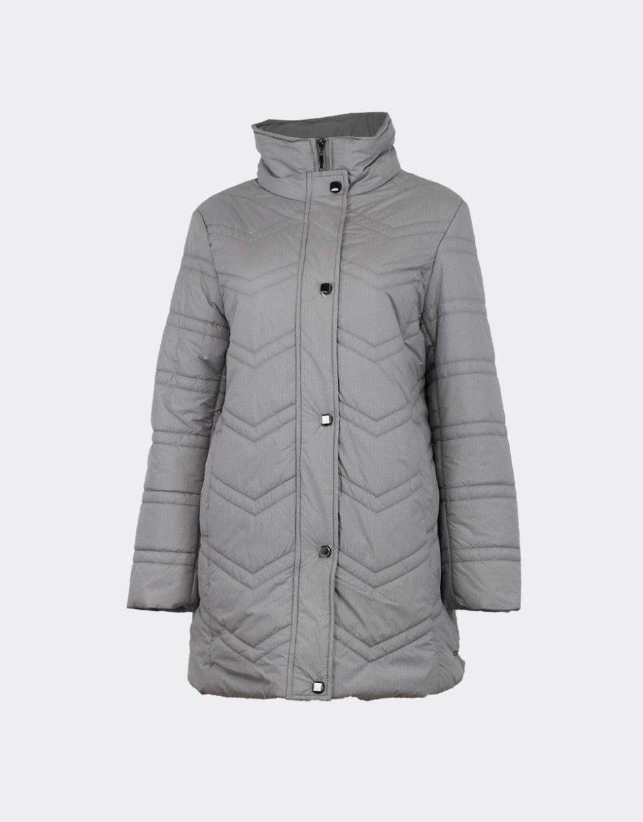 Anorak para mujer gris claro con cremallera y tapeta con botones, decorado con perspunte - Imagen 2