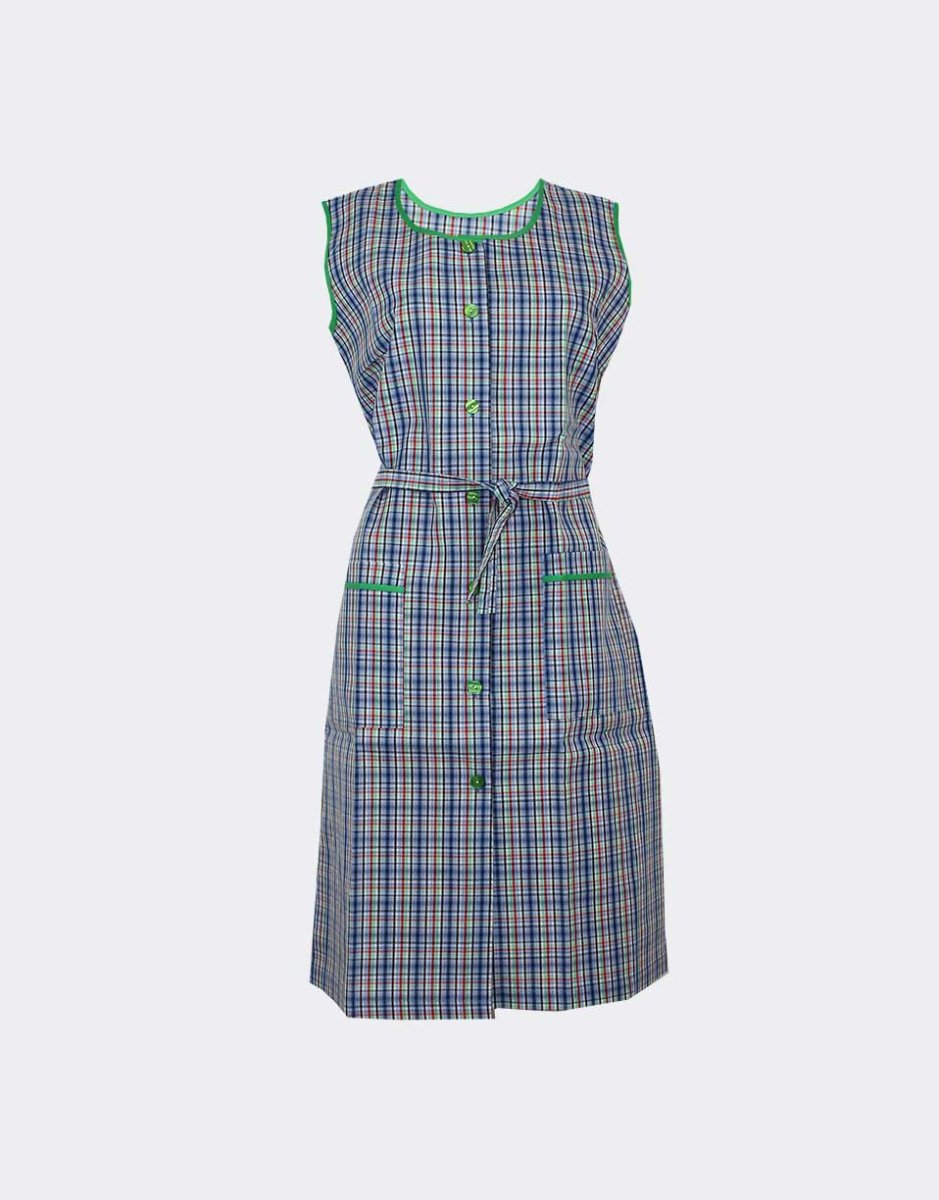 Bata mujer TELA sin mangas cuadros azul, verde, rojo con bies verde