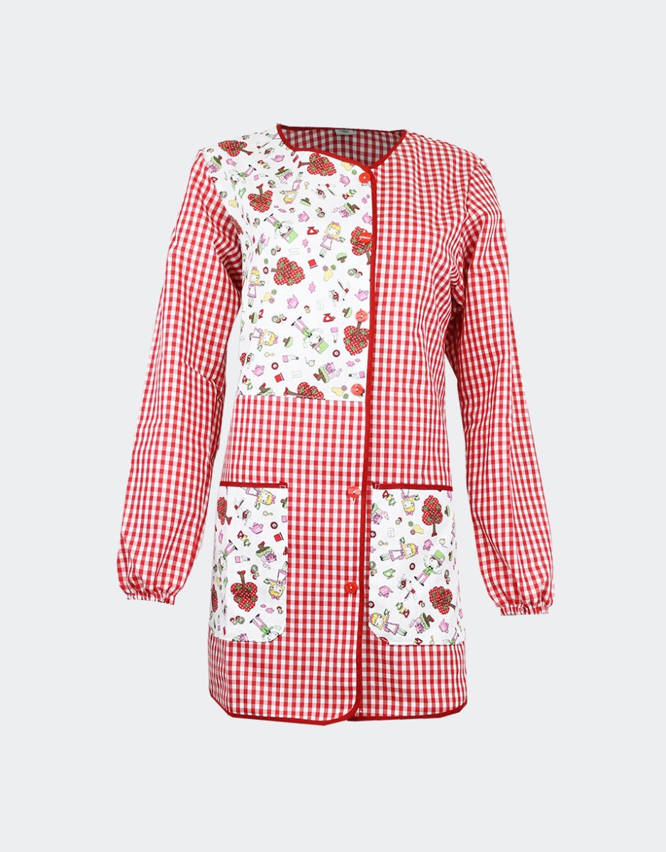 Bata de mujer manga larga, largo 3/4 cuadros combinado estampado Mago de Oz