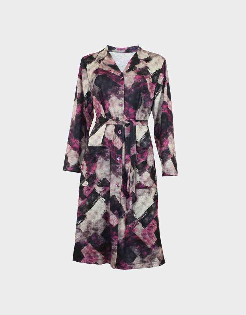 Bata de mujer de punto cuello solapa y bolsillos estampado abstracto pinceladas fucsia