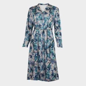 Bata vestido de mujer punto cuello solapa y bolsillos estampado flores a acuarela abstractas