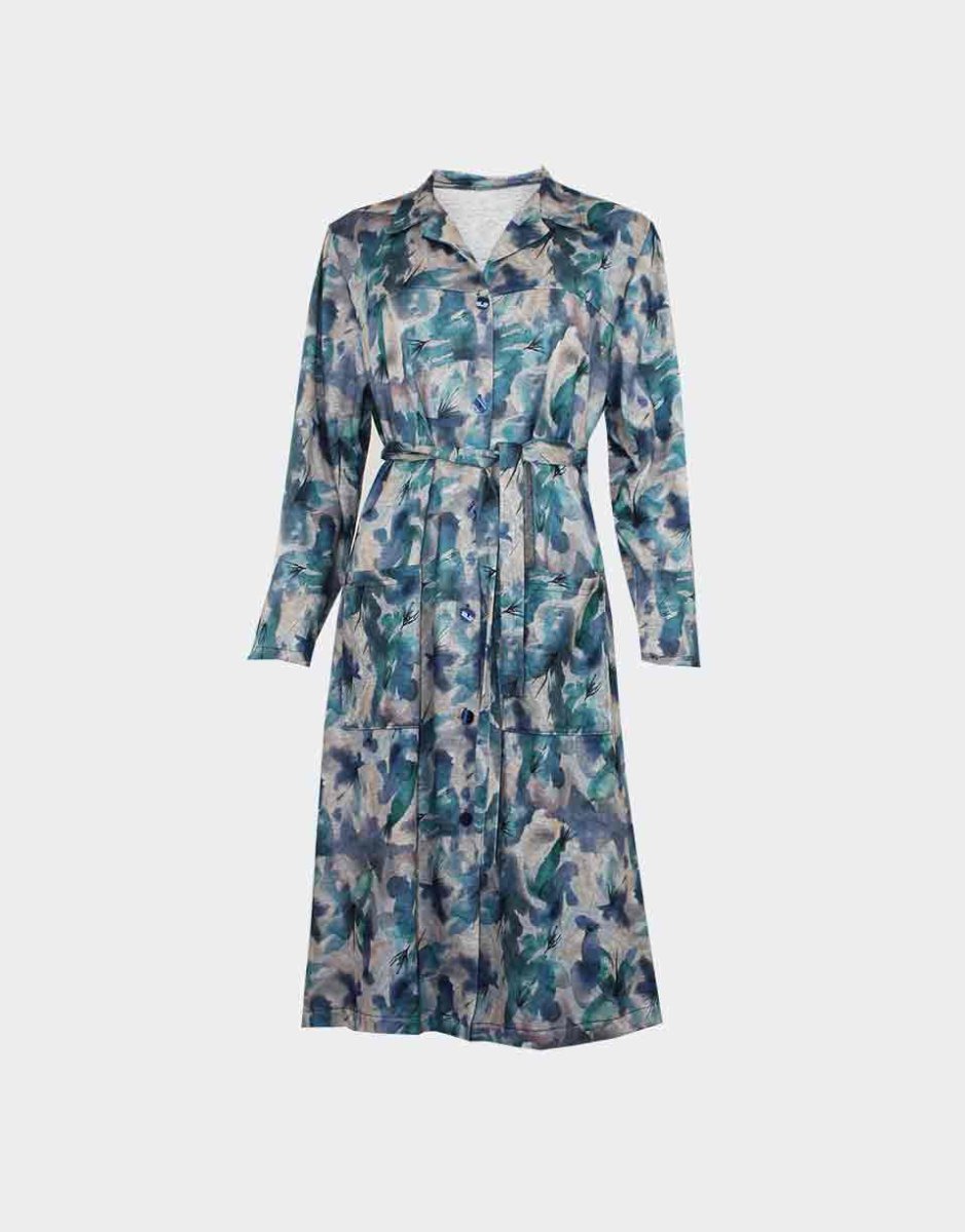 Bata vestido de mujer punto cuello solapa y bolsillos estampado flores a acuarela abstractas - Imagen 2