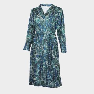 Bata vestido mujer de punto cuello solapa y bolsillos estampado mosaico verdoso