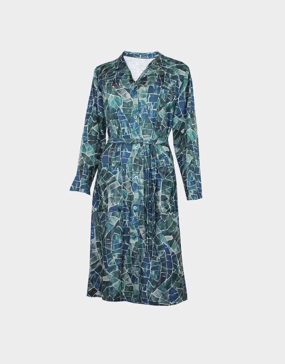 Bata vestido mujer de punto cuello solapa y bolsillos estampado mosaico verdoso