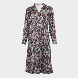 Bata vestido de mujer de punto cuello solapa y bolsillos estampado plumas granate-rosado