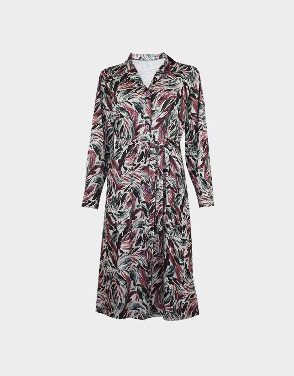 Bata vestido de mujer de punto cuello solapa y bolsillos estampado plumas granate-rosado - Imagen 2