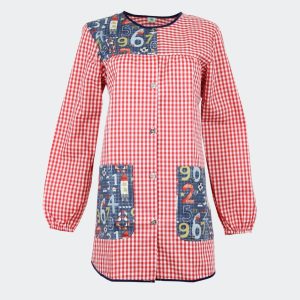 Bata mujer manga larga, largo 3/4 cuadros rojos combinado con estampado de números