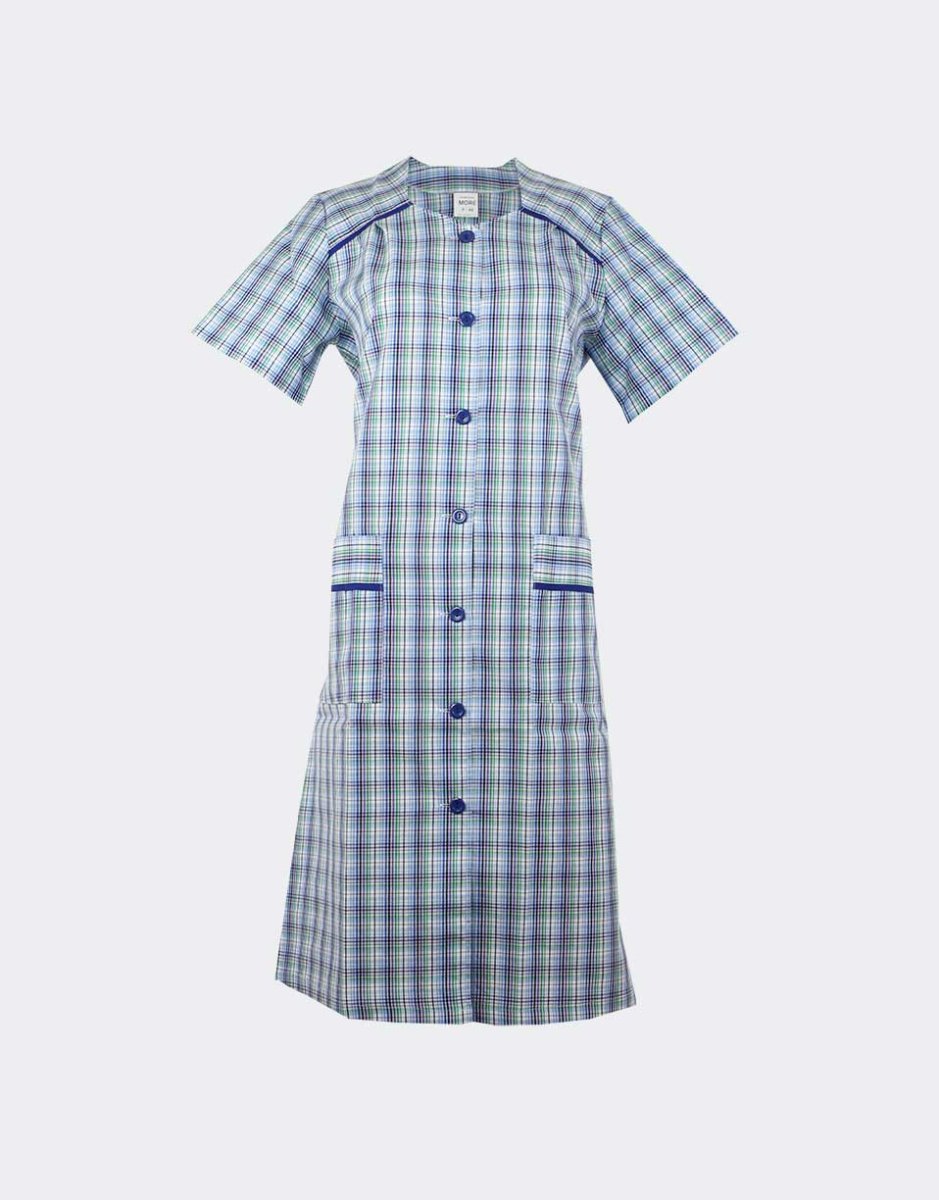 Bata mujer tela manga corta cuadros azul verde lila con ribete azul en canesú y bolsillos