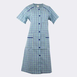 Bata mujer tela manga corta cuadros en azul y verde agua con ribete azul en canesú y bolsillos