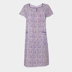 Bata vestido mujer tela MANGA CORTA detalle botones en canesú estampado en lilas