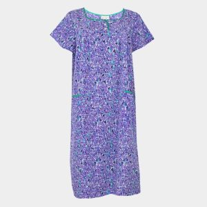 Bata vestido tela MANGA CORTA mujer detalle botones en canesú estampado triángulos lilas