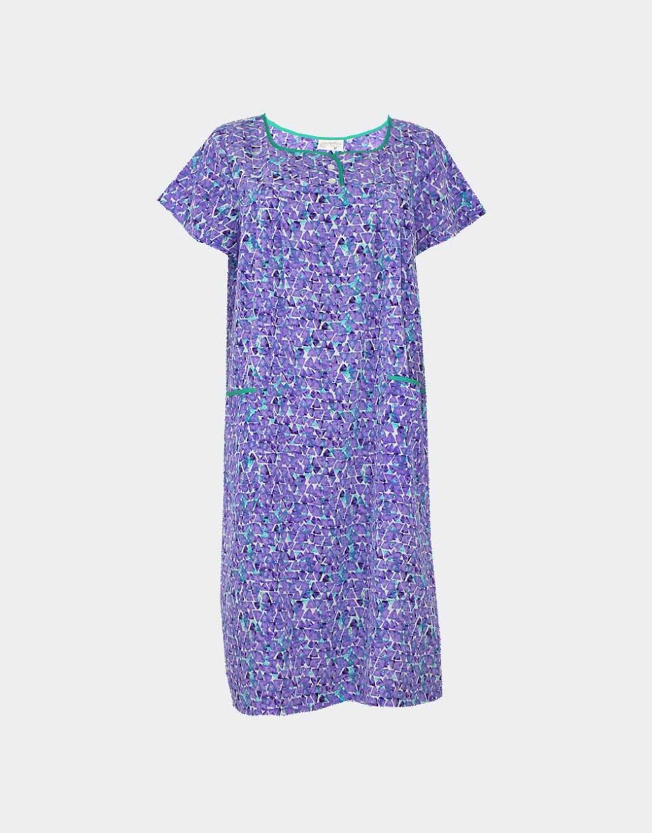 Bata vestido tela MANGA CORTA mujer detalle botones en canesú estampado triángulos lilas - Imagen 2