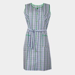 Bata mujer sin mangas TELA cuadros azules, verde, rojo y rosa bies verde
