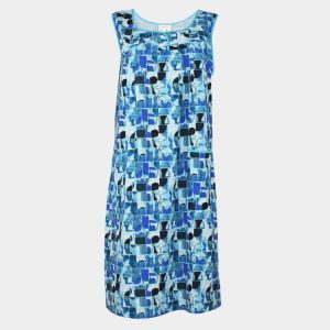 Vestido bata mujer tela SIN MANGAS detalle botones en canesú estampado abstracto en azules