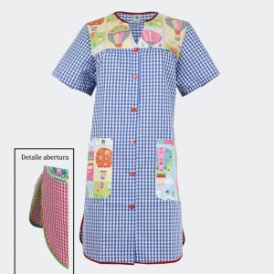 Bata mujer tela 3/4 de cuadros combinada con dibujos manga corta de largo 3/4