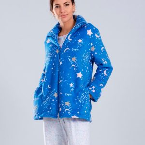 Batín mujer de coralina corto con cremallera estampado con lunas y estrellas