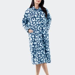 Batín mujer de coralina con cuello botones bolsillos, estampado aros desiguales
