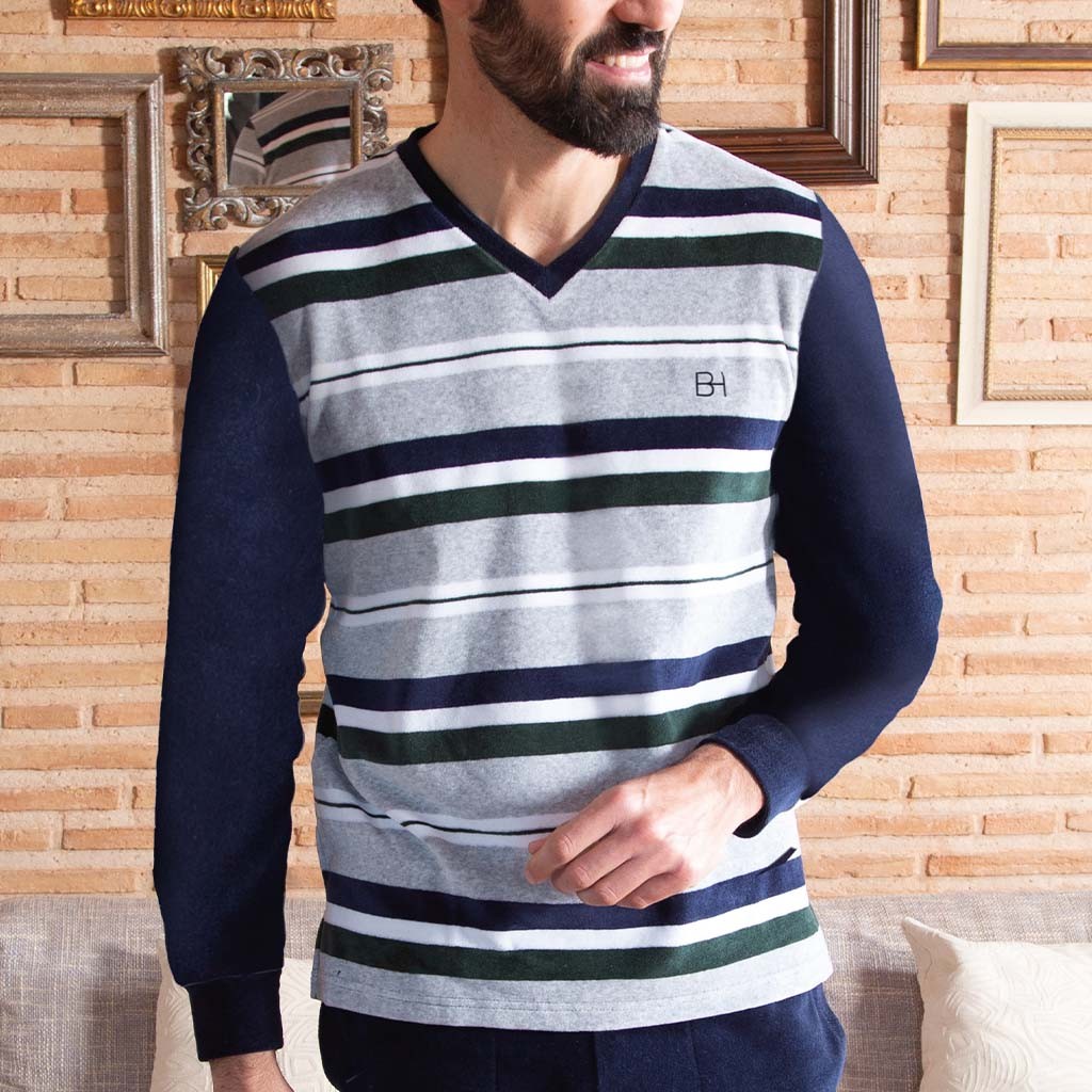 Pijama Hombre Cuello Pico Rayas de Blanca Hernández. 42176 - Imagen 3