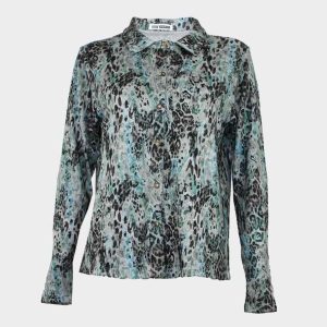 Blusa de mujer punto con cuello camisero con botones estampado ‘animal print’