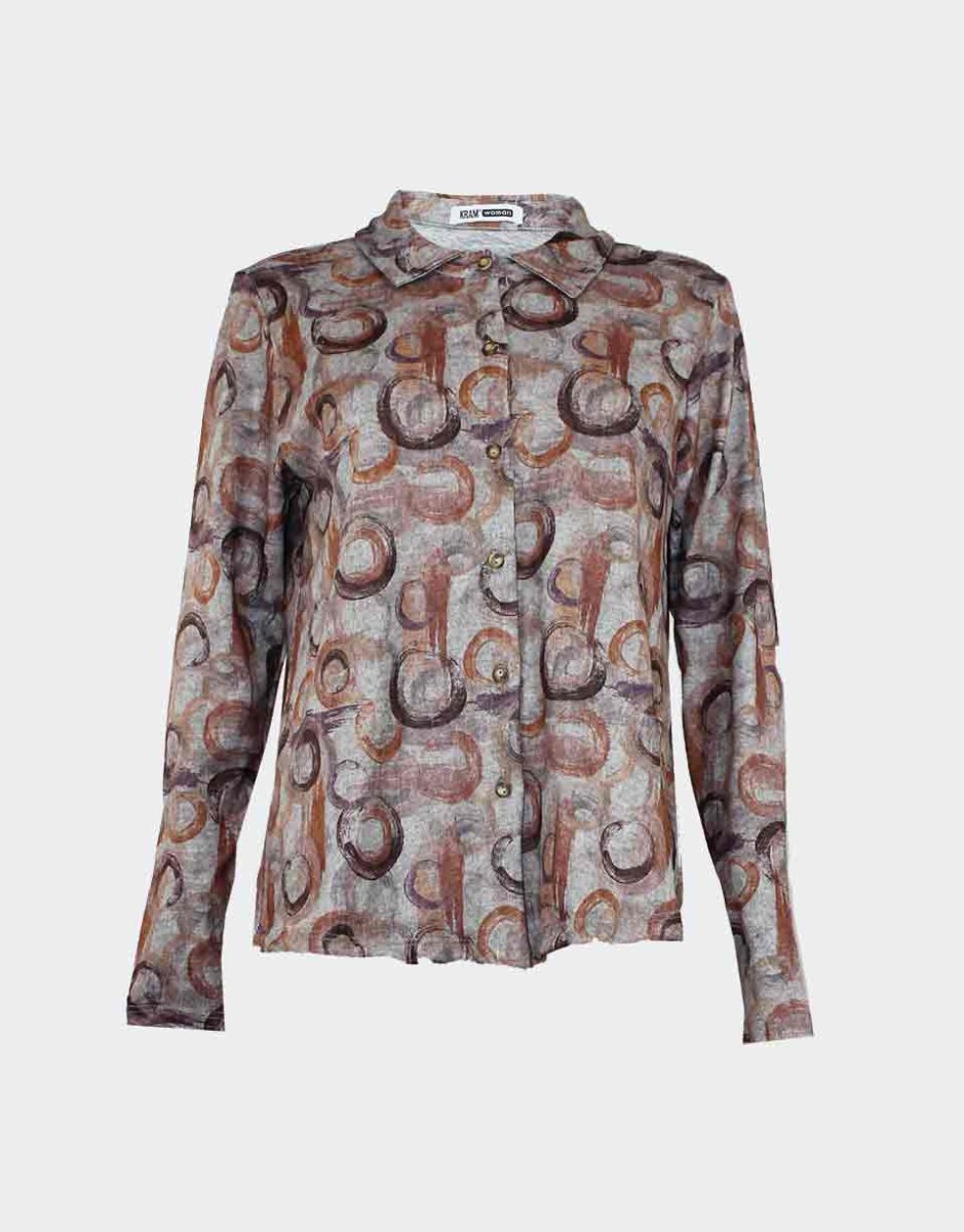 Blusa de mujer de punto con cuello camisero con botones estampado círculos tonos tierra - Imagen 2