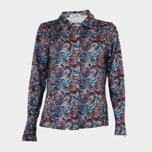 Blusa mujer de punto con cuello camisero con botones estampado ‘psicodélico’ colorines