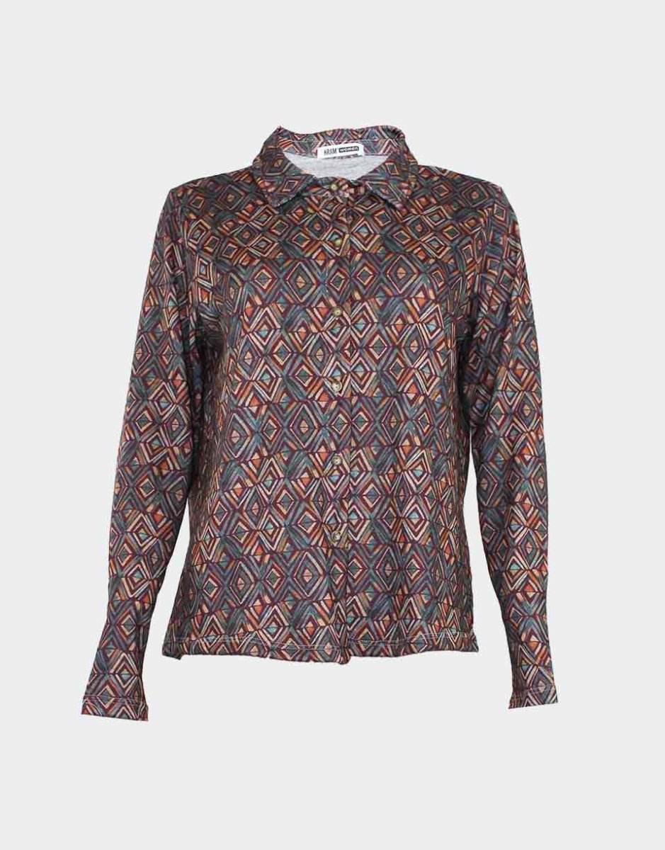 Blusa de mujer punto con cuello camisero con botones estampado rombos colores