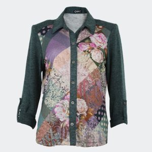 Blusa mujer punto estampado delante en flores tonos rosas, mangas y cuello verde