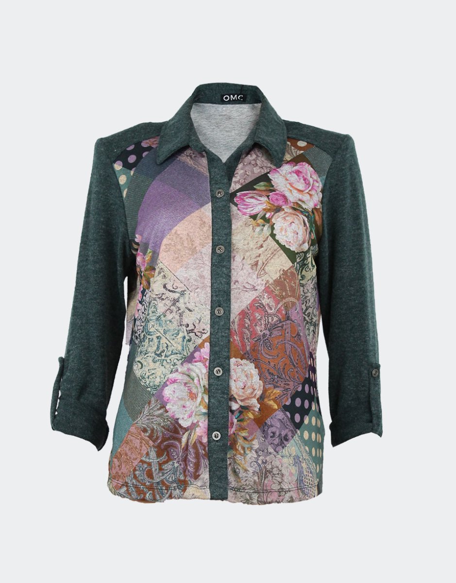 Blusa mujer punto estampado delante en flores tonos rosas, mangas y cuello verde - Imagen 2