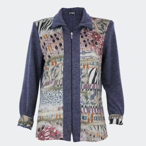 Blusa mujer punto fino con cremallera estampada abstracto en delantero y puños