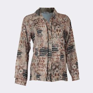 Blusa mujer tela con cuello estampado abstracto en tonos tierra