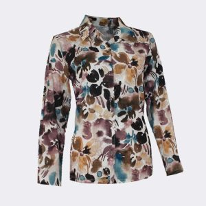 Blusa mujer tela con cuello estampado abstracto flores tonos tierra
