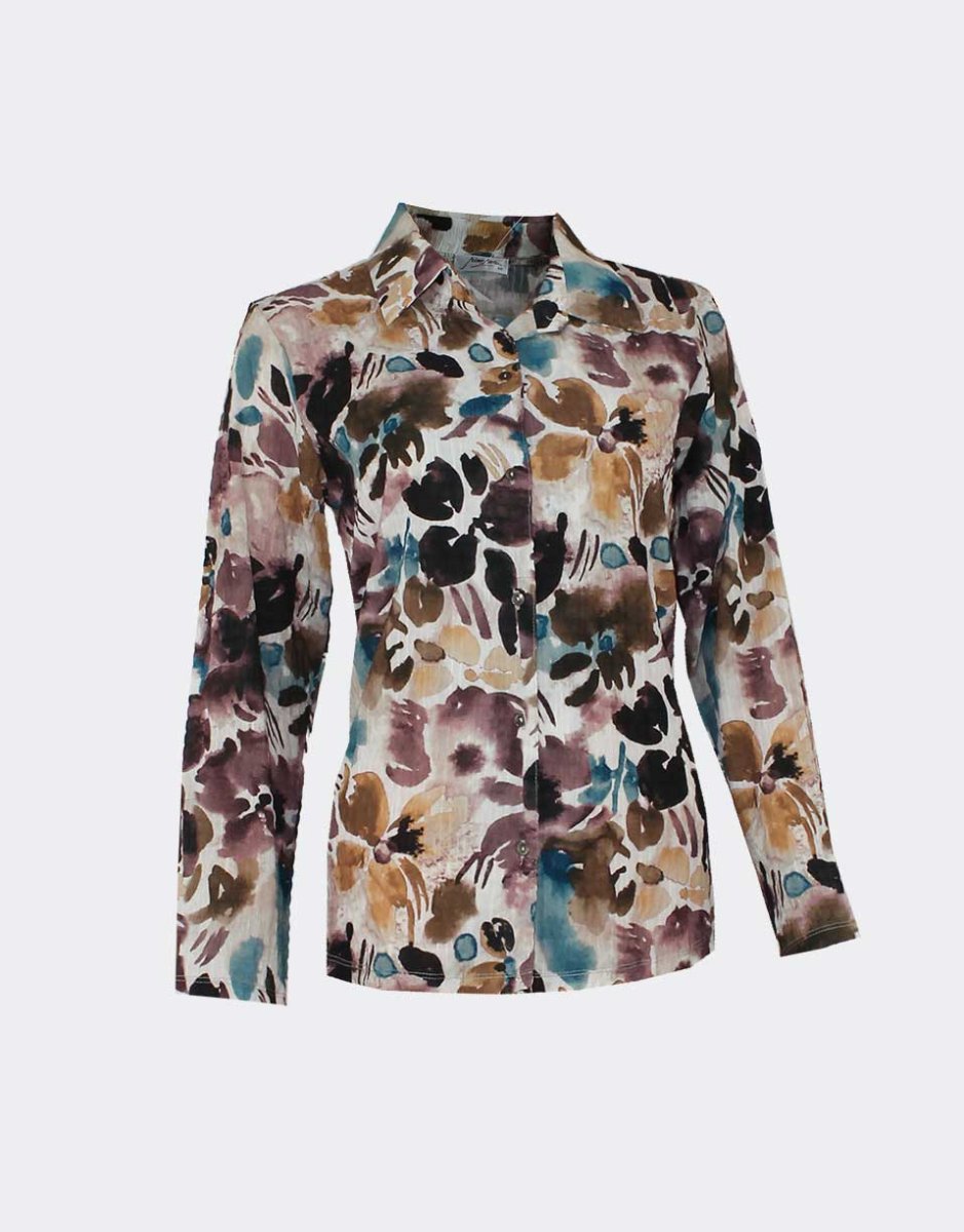 Blusa mujer tela con cuello estampado abstracto flores tonos tierra - Imagen 2