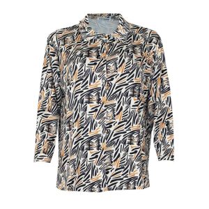 Blusa mujer punto con cuello camisero estampado marrones-ocres