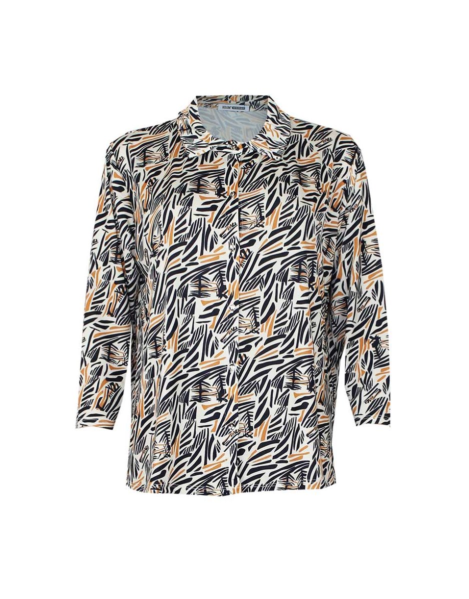Blusa mujer punto con cuello camisero estampado marrones-ocres